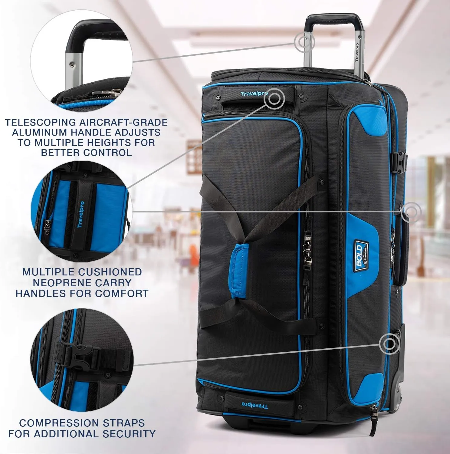 Travelpro Bold Drop Bottom Wheeled Rolling Duffel Bag, Blue/Black, 30-Inch