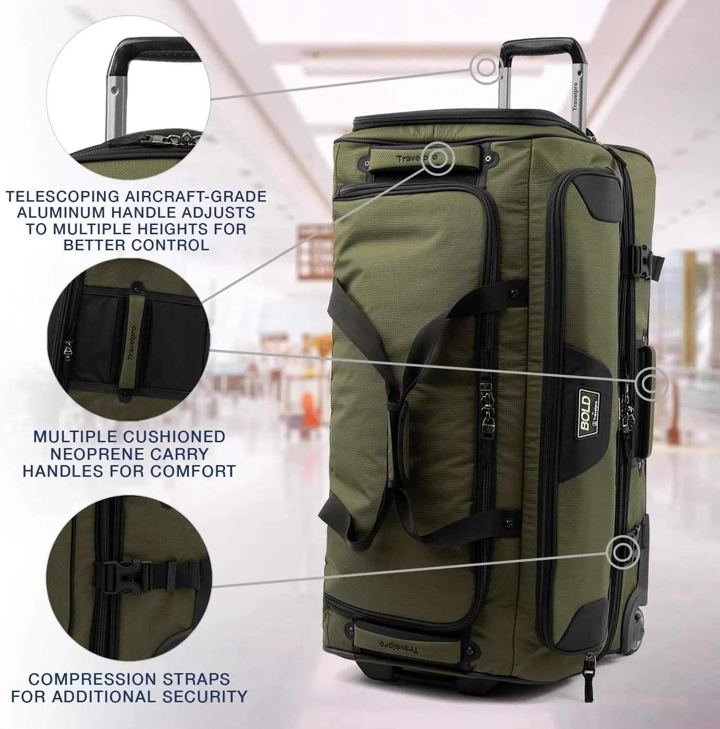 Travelpro Bold Drop Bottom Wheeled Rolling Duffel Bag, Olive/Black, 30-Inch