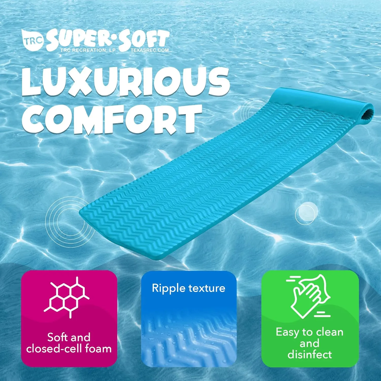 TRC Recreation Serenity 1.5” Thick Vinyl Coated Foam Swimming Pool Float Mat Adult Lounger with Built-in Roll Pillow
