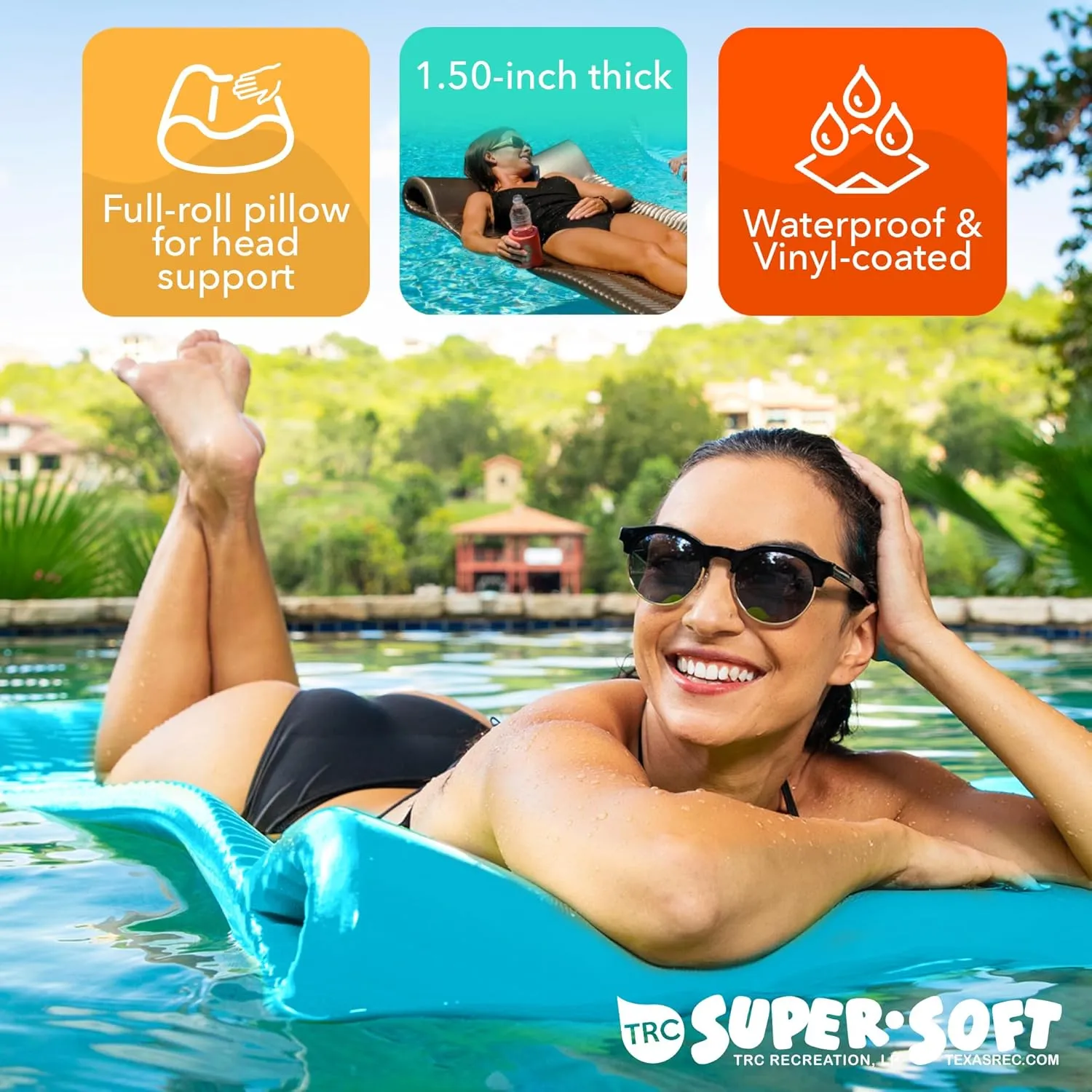 TRC Recreation Serenity 1.5” Thick Vinyl Coated Foam Swimming Pool Float Mat Adult Lounger with Built-in Roll Pillow