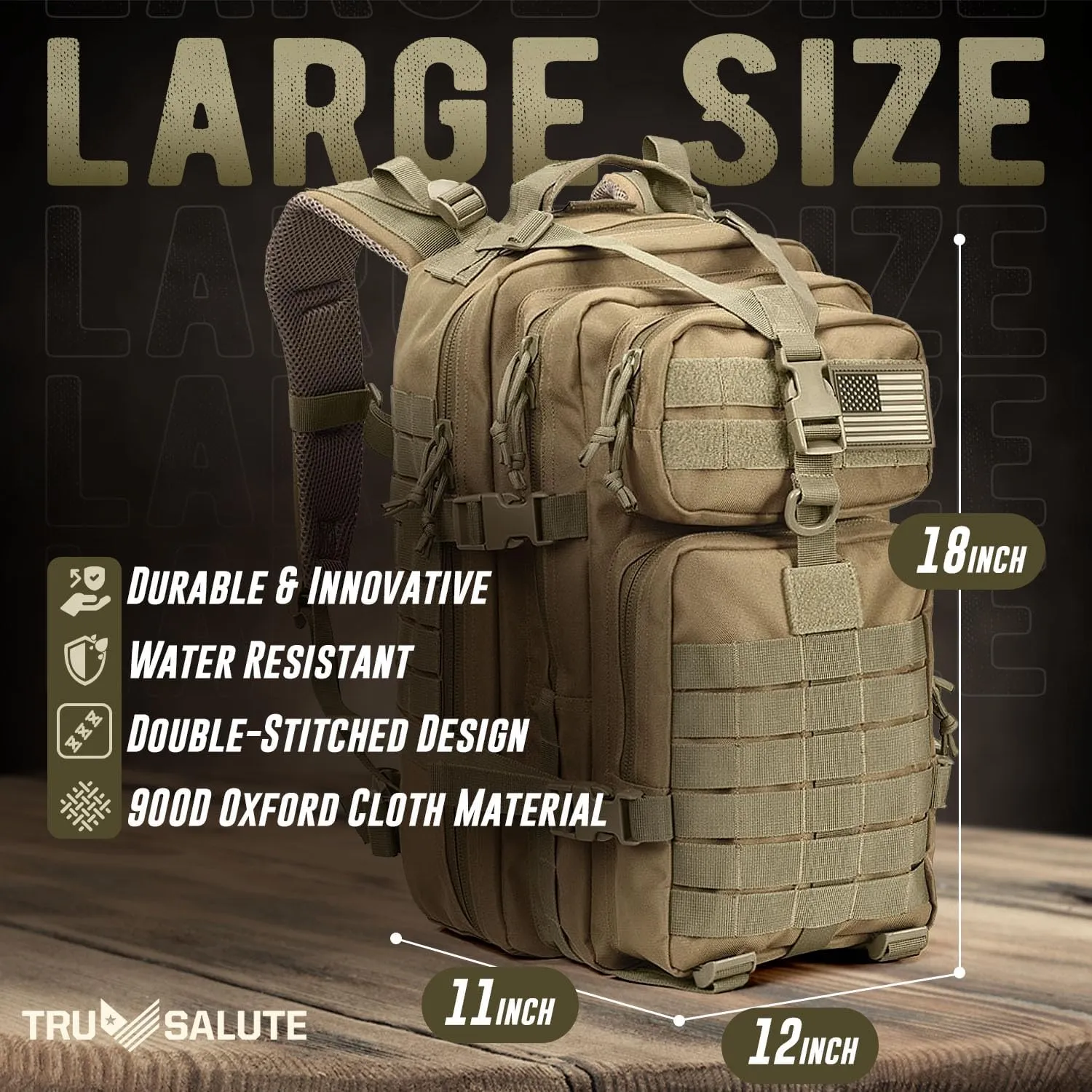 Tru Salute 45L Military Tactical Backpack Large Army 3 Day Assault Pack Molle Bugout Bag Rucksack (Tan)