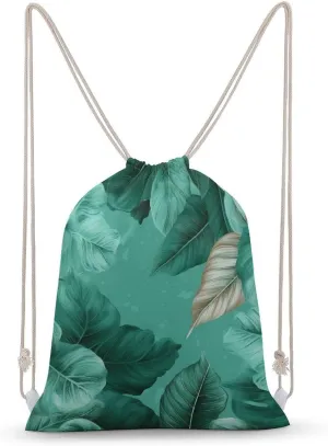 Turquoise Green Leaves Drawstring Backpack for Women Men Drawstring Bag for Travel Swimming Sports Gym Bag