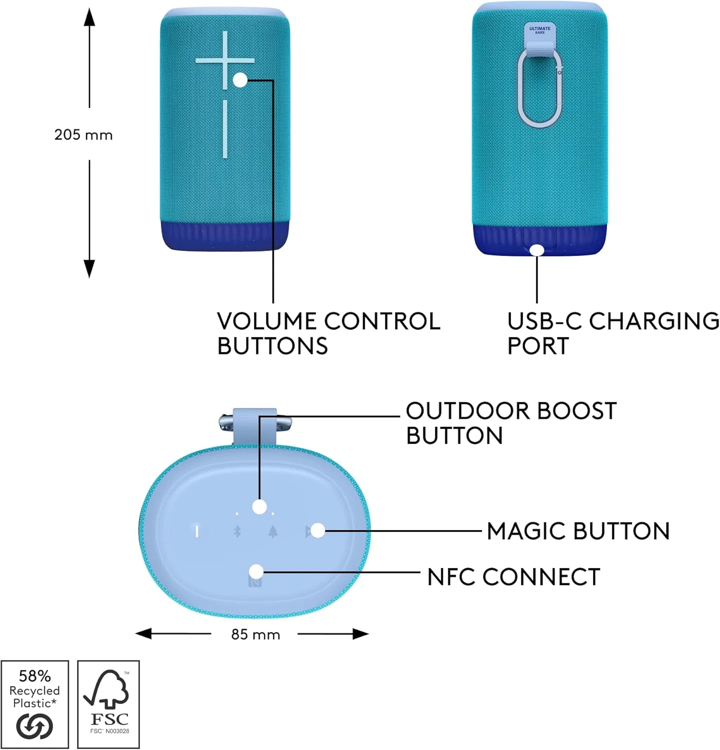 Ultimate Ears EVERBOOM Wireless Portable Waterproof Bluetooth Speaker, Azure Blue | Big Bass, Immersive 360° Sound, Floatable, Outdoor Boost, 180ft Range | with Signature Series Case