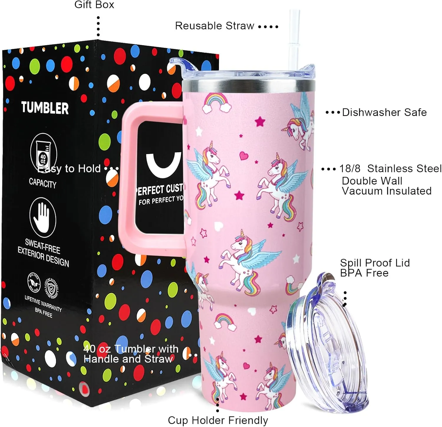 Unicorn Tumbler 40 oz Tumbler with Handle and Straw Lid Leak Proof - Unicorn Cup for Christmas Birthday Gifts for Women Girls - Stainless Steel Cup