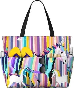 Unicorns On Colorful Stripes Beach Tote Bag For Women Beach Bag Waterproof And Sandproof Tote Bag Large Travel Bag