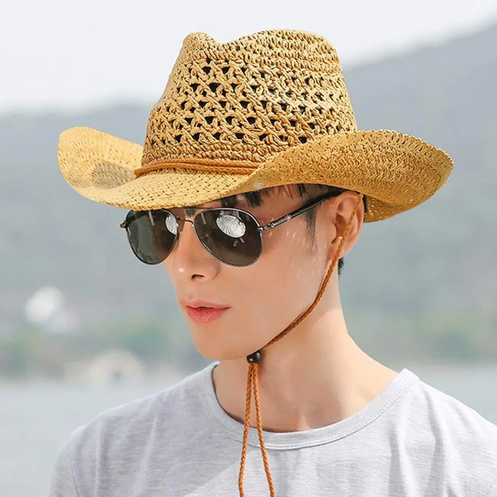 Unisex Straw Hats Summer Floppy Packable Panama Fedora Beach Sun Hat UPF 50  Adjustable Chin Strap