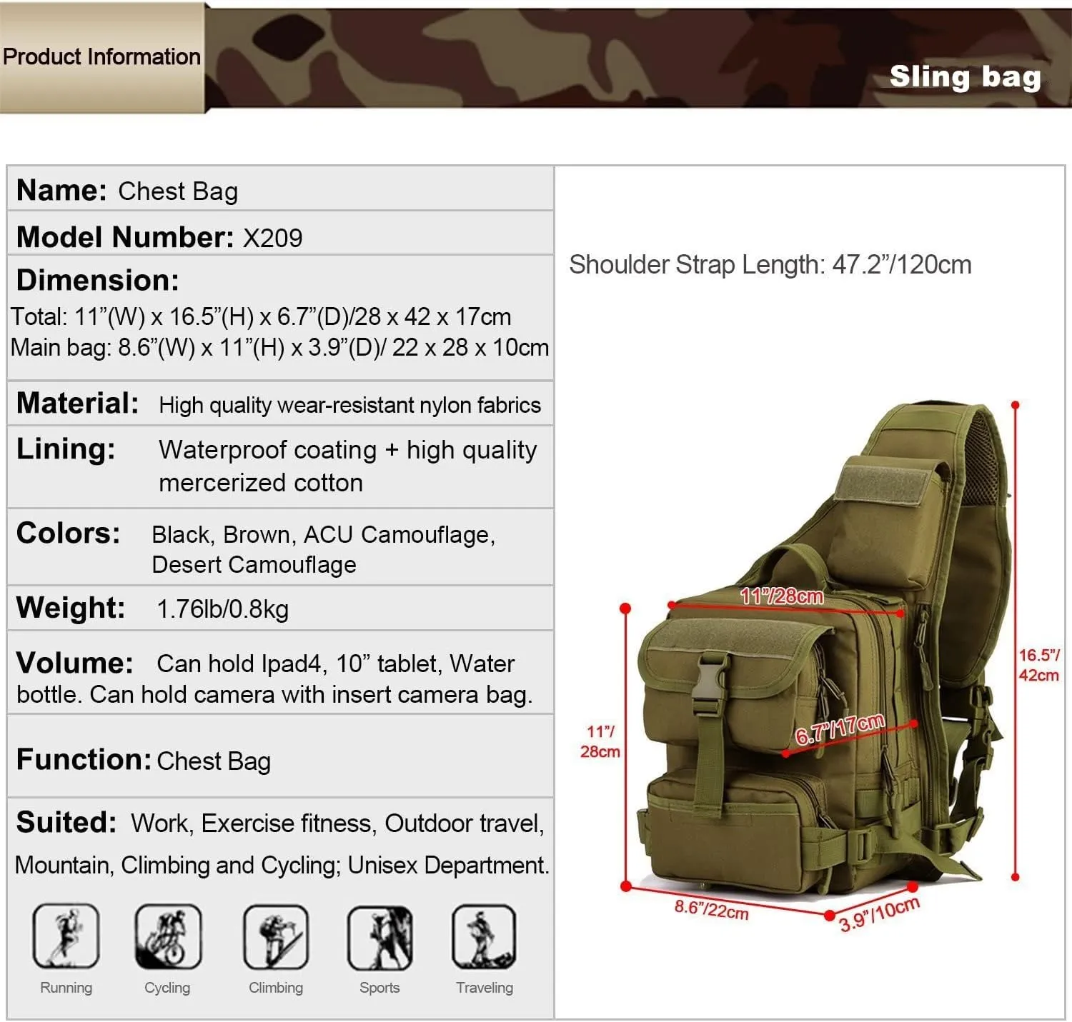 UNISTRENGH Men's Tactical Sling Bag Sling Backpack Military Shoulder Bag MOLLE Assault Range Bag for Outdoor Camping Hunting (Desert Camouflage)