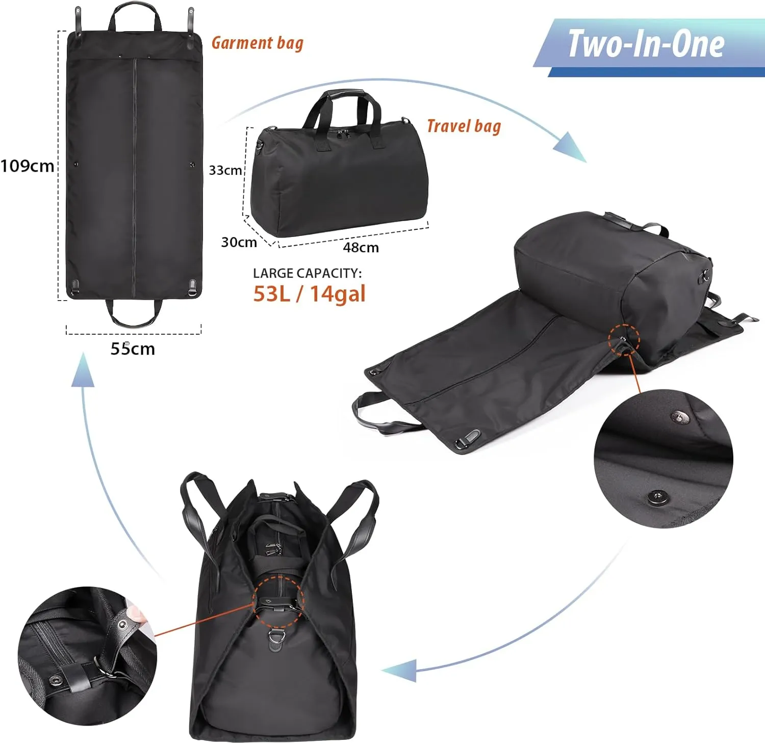 Univivi 2 in 1 High Capacity Hanging Suit Luggage Travel Bags, Carry On Garment Duffel Bag with Shoulder Strap for Travel and Business Wrinkle Free (Black)