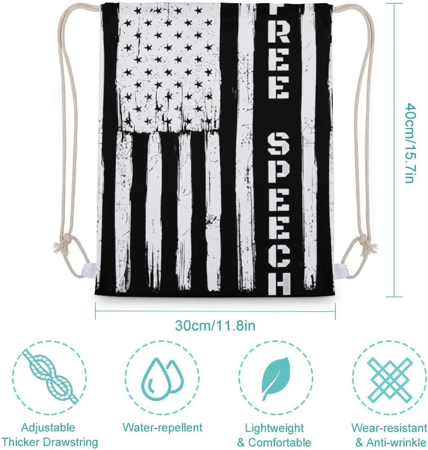 U.S. Flag Free Speech Drawstring Backpack Travel String Shoulder Bag Canvas Sport Sackpack for Gym Shopping Yoga
