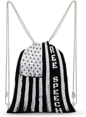 U.S. Flag Free Speech Drawstring Backpack Travel String Shoulder Bag Canvas Sport Sackpack for Gym Shopping Yoga