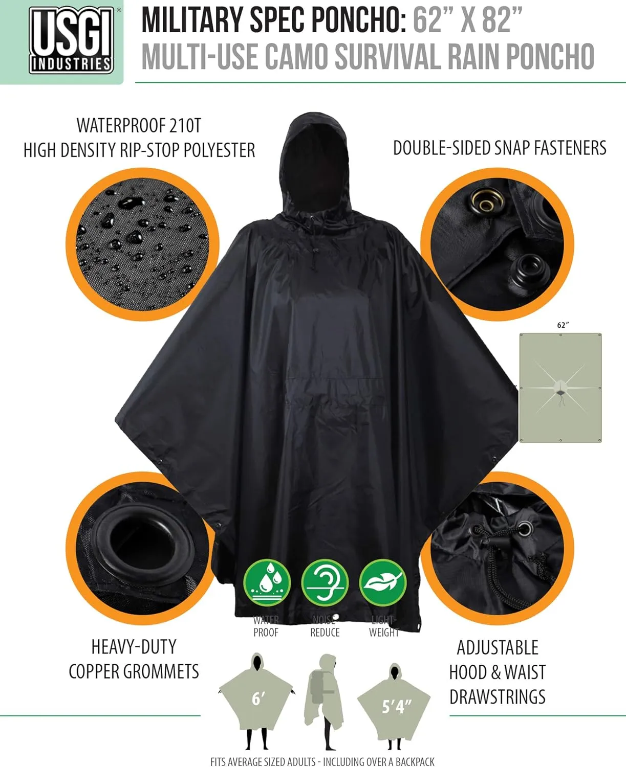 USGI Industries Military Style Poncho Multi Use Rip Stop Camouflage Rain Poncho