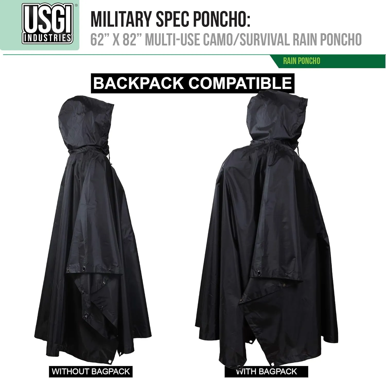 USGI Industries Military Style Poncho Multi Use Rip Stop Camouflage Rain Poncho