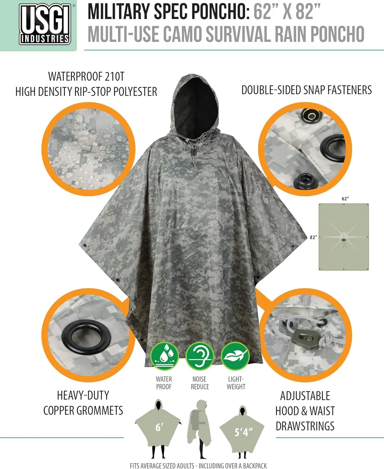 USGI Industries Military Style Poncho Multi Use Rip Stop Camouflage Rain Poncho