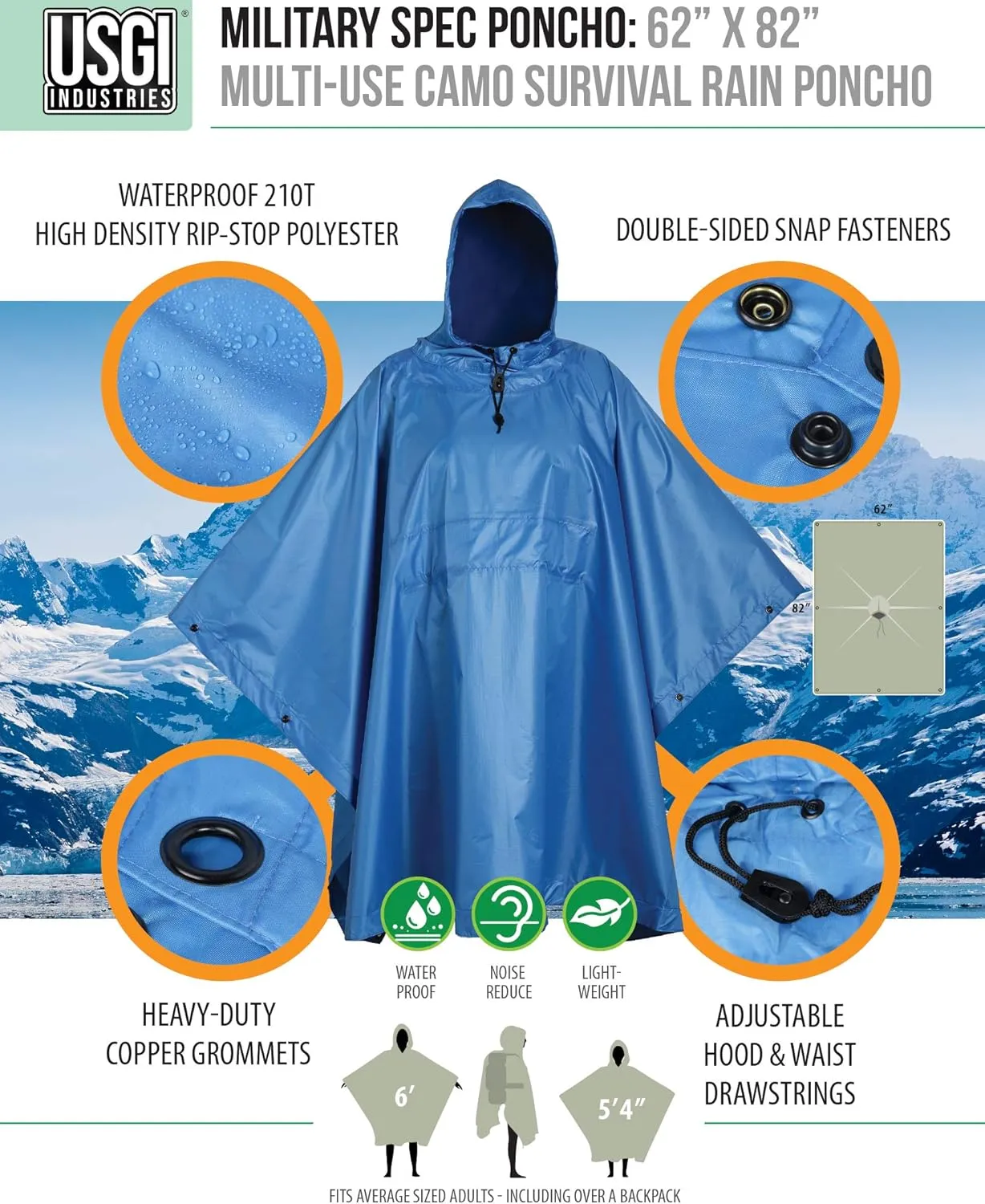 USGI Industries Military Style Poncho Multi Use Rip Stop Camouflage Rain Poncho