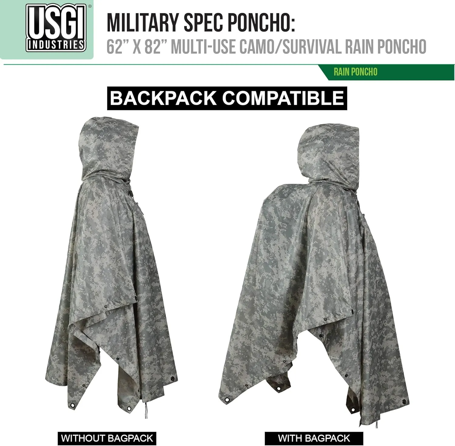 USGI Industries Military Style Poncho Multi Use Rip Stop Camouflage Rain Poncho