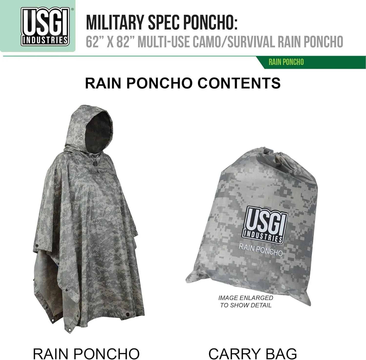 USGI Industries Military Style Poncho Multi Use Rip Stop Camouflage Rain Poncho