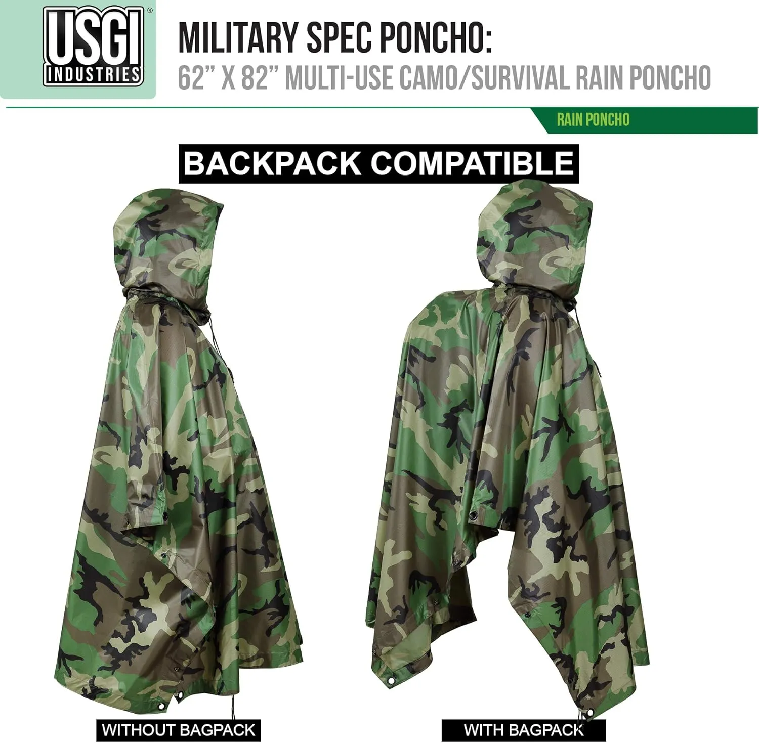 USGI Industries Military Style Poncho Multi Use Rip Stop Camouflage Rain Poncho