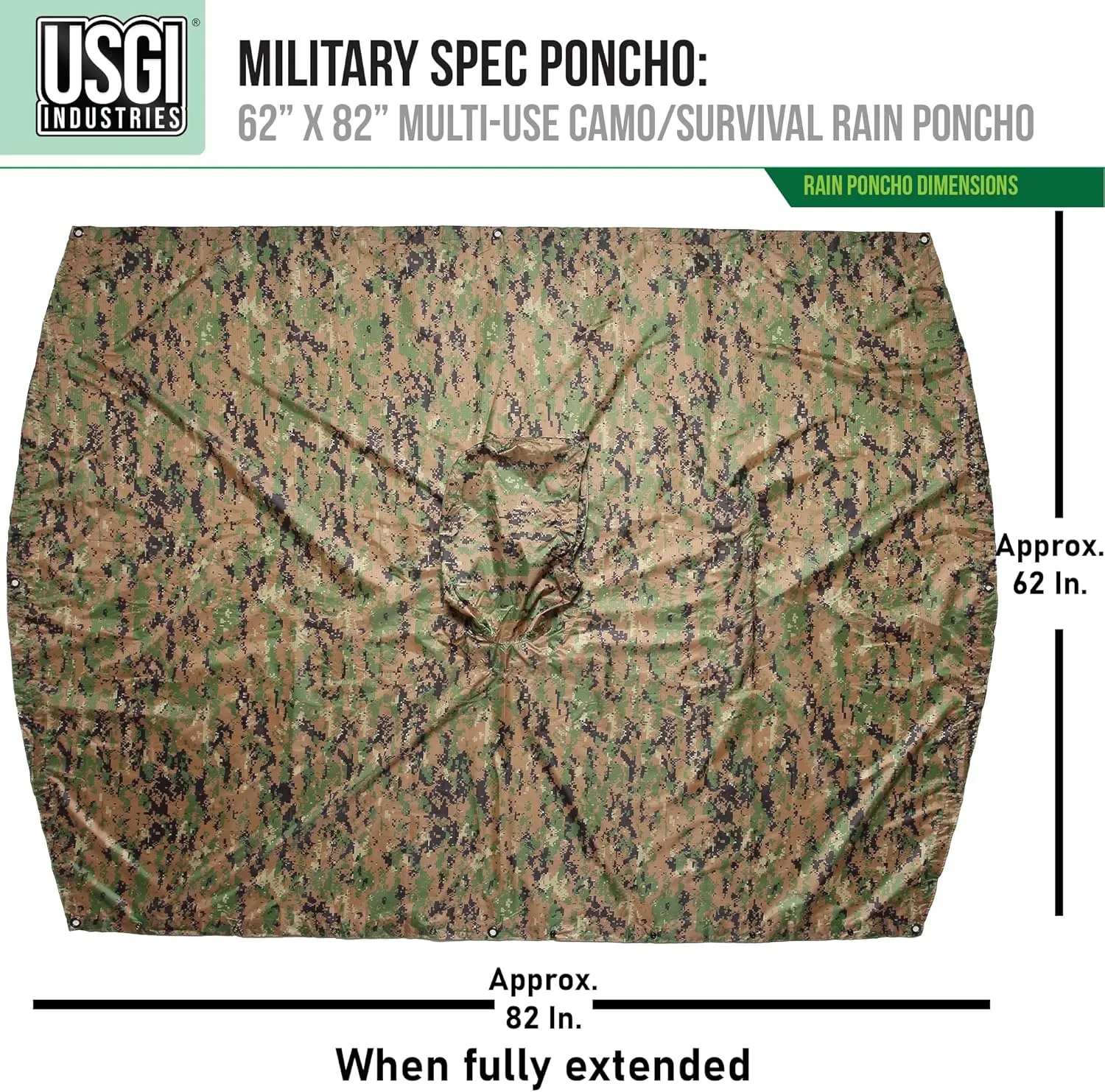 USGI Industries Military Style Poncho Multi Use Rip Stop Camouflage Rain Poncho