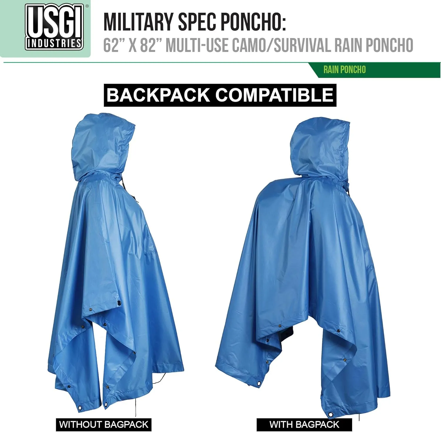 USGI Industries Military Style Poncho Multi Use Rip Stop Camouflage Rain Poncho