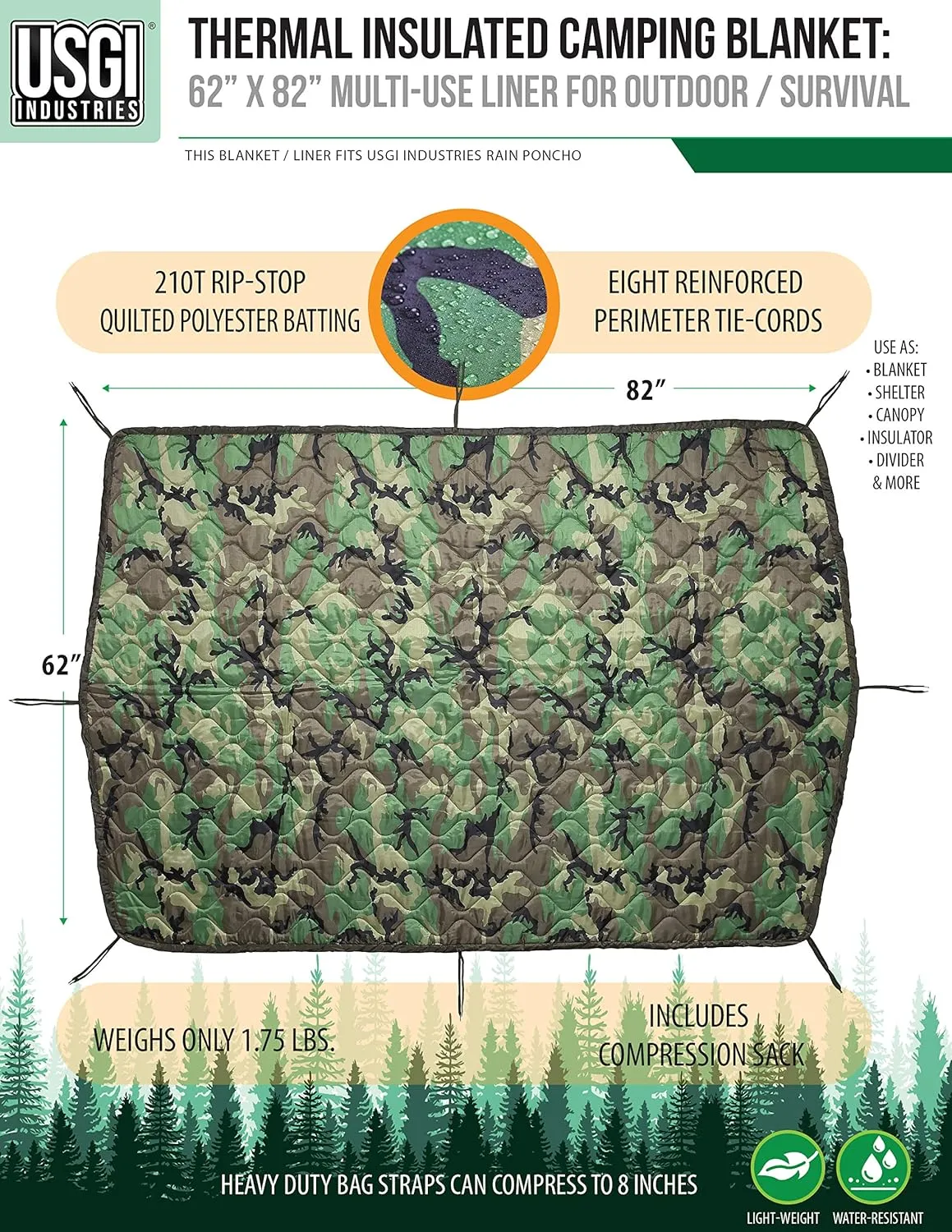 USGI Industries Military Style Poncho Multi Use Rip Stop Camouflage Rain Poncho