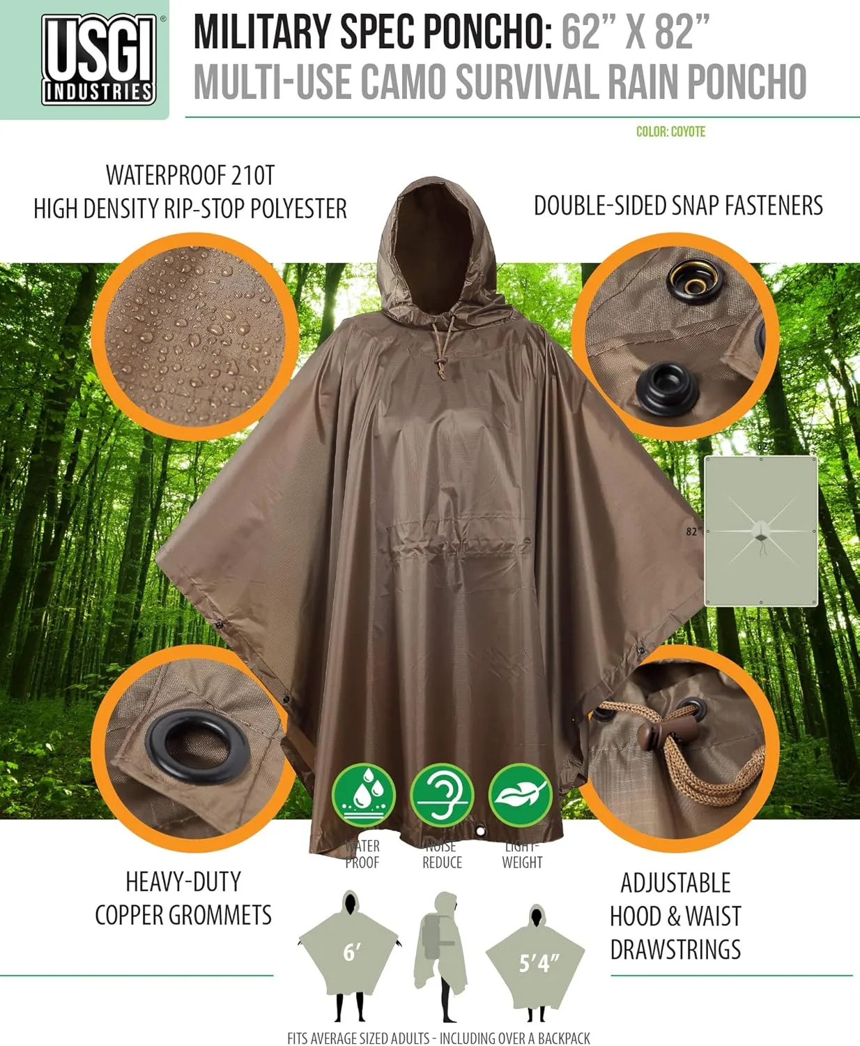 USGI Industries Military Style Poncho Multi Use Rip Stop Camouflage Rain Poncho