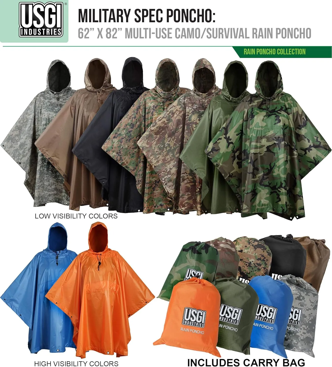 USGI Industries Military Style Poncho Multi Use Rip Stop Camouflage Rain Poncho