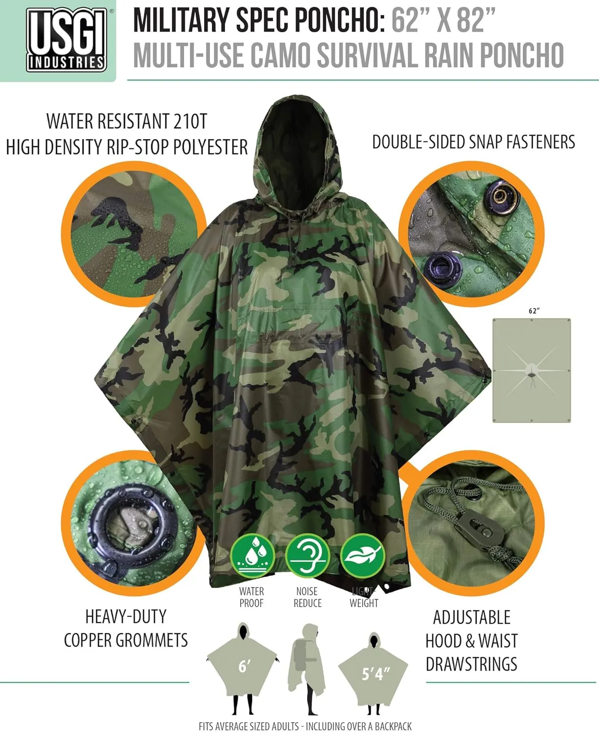 USGI Industries Military Style Poncho Multi Use Rip Stop Camouflage Rain Poncho