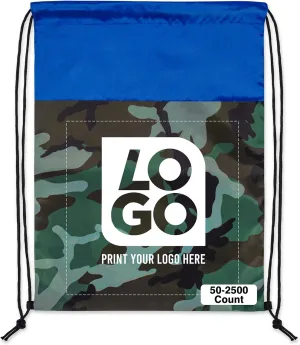 USMG 50 CT. One Color Print Custom Colored Camo Drawstring Backpack Tote Bags, Workout Bag String Bag For Promotional Gifts (Camo - Blue)