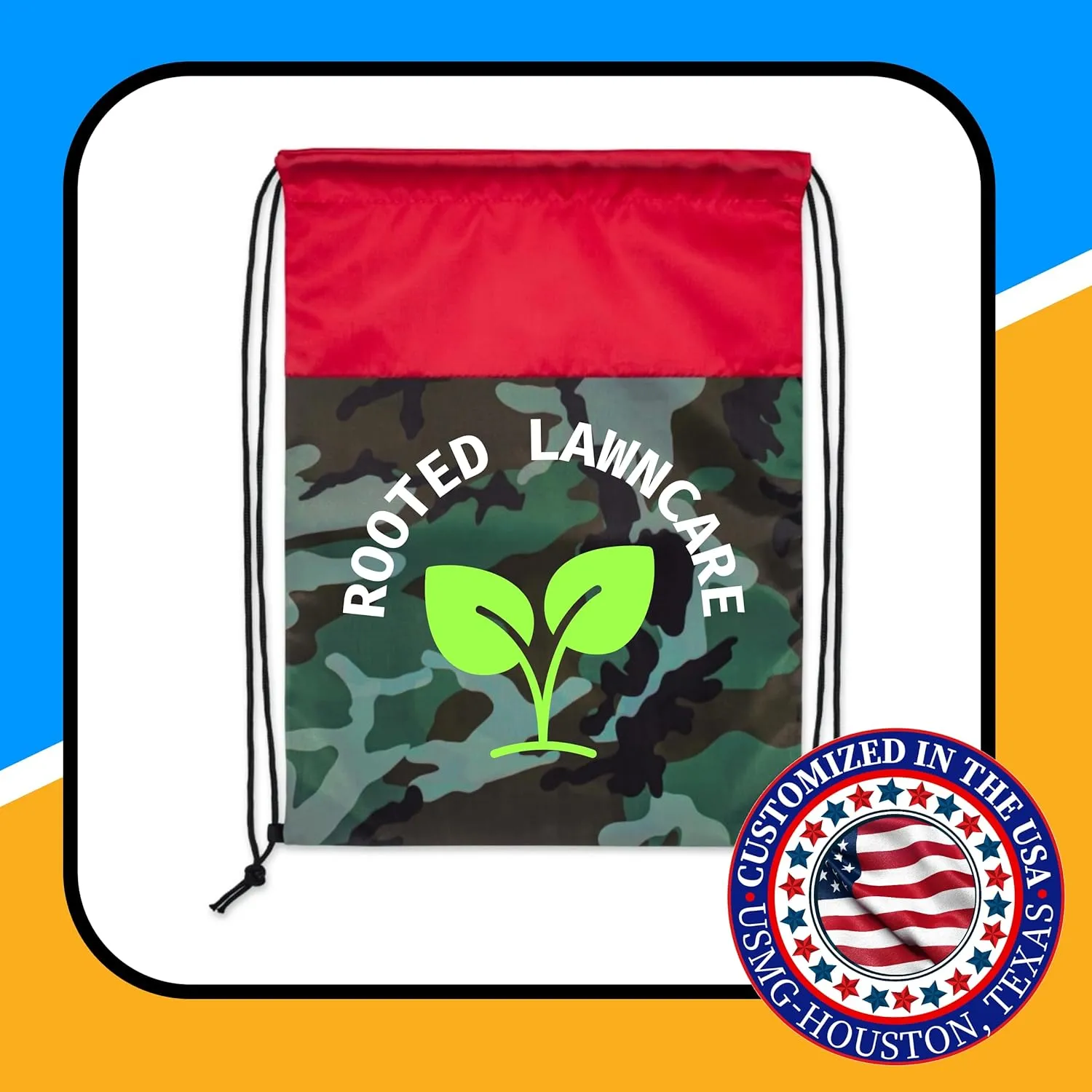 USMG Vibrant Camo Drawstring Tote Bags with Custom Full Color Imprint for Business Marketing, Gifts, and Events