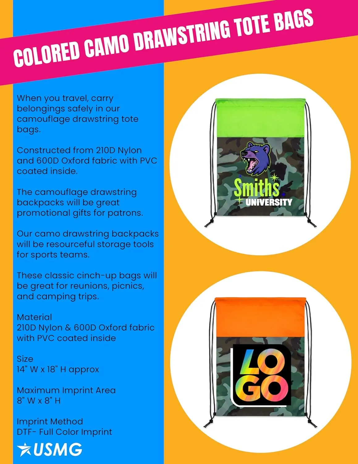 USMG Vibrant Camo Drawstring Tote Bags with Custom Full Color Imprint for Business Marketing, Gifts, and Events