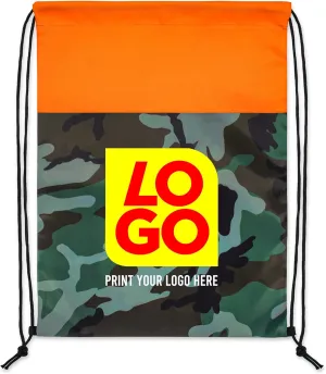 USMG Vibrant Camo Drawstring Tote Bags with Custom Full Color Imprint for Business Marketing, Gifts, and Events
