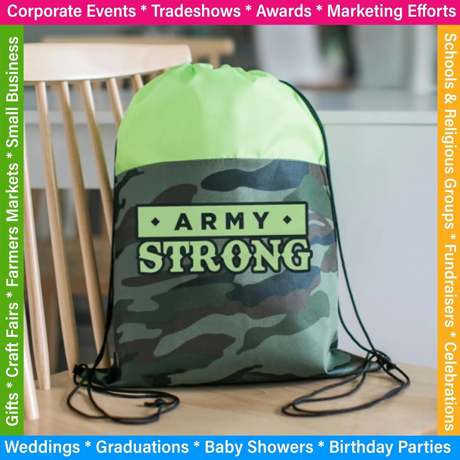 USMG Vibrant Camo Drawstring Tote Bags with Custom Full Color Imprint for Business Marketing, Gifts, and Events