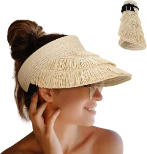 UV Protection Straw Sun Hat Visor Beach Hat Wide Brim Leopard Print Roll up Packable for Women