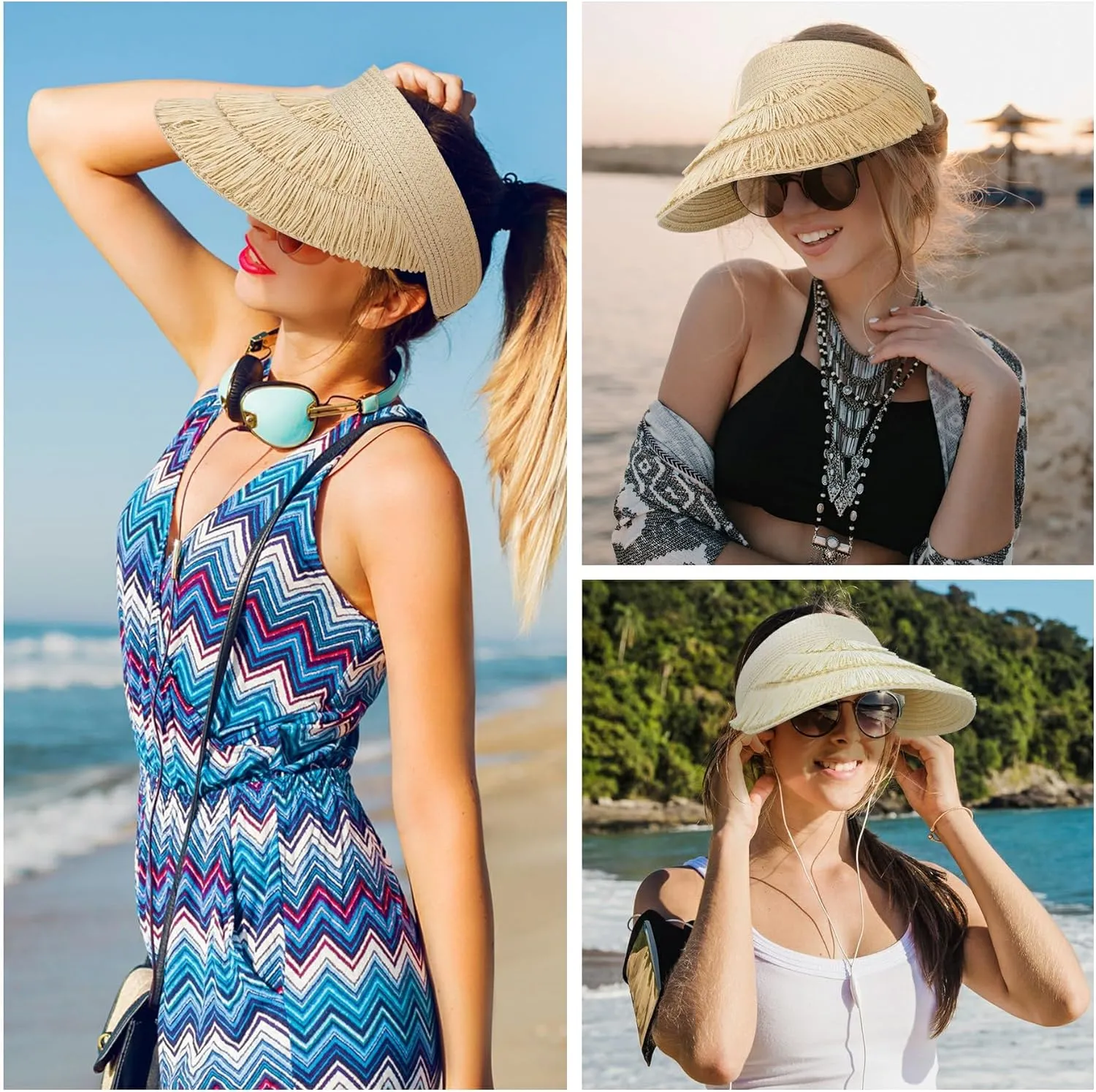 UV Protection Straw Sun Hat Visor Beach Hat Wide Brim Leopard Print Roll up Packable for Women