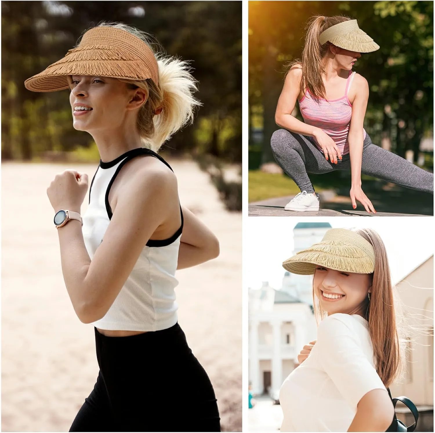 UV Protection Straw Sun Hat Visor Beach Hat Wide Brim Leopard Print Roll up Packable for Women