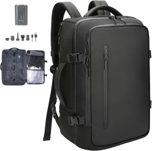 Vacuum Compression Travel Backpack with Pump: 18-Inch Waterproof Carry-On Bag for Laptop Business College Camping Airline Approved, Expandable 40L–50L, USB Charging Port, Oxford Fabric, Black