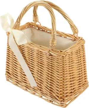 Vaguelly Wicker Handbag Bow Rattan Woven Bag Straw Bags Top Handle Wicker Baskets Purse Handbags Boho Style Beach Bag Flower Basket Straw Tote for Women Square Rattan Bag