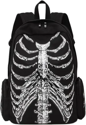 VALICLUD Punk Style Shoulder Bag Gothic Backpack Ribcage Skeleton Canvas Skull Laptop Bag Halloween Goth Accessories for Men Women Canvas Casual Daypack