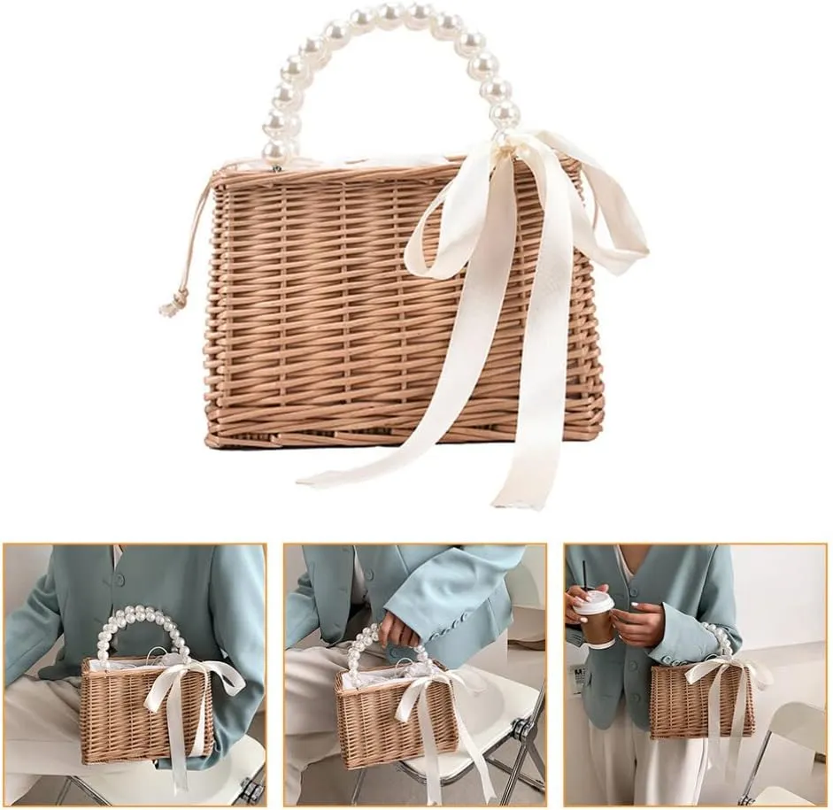 VALICLUD Rattan Bag Straw Purse Woven Rattan Purse Tote Straw Bag for Women Summer Beach