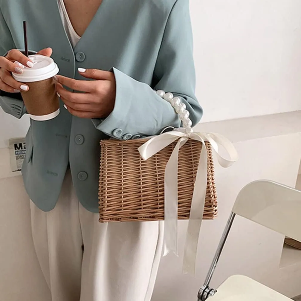 VALICLUD Rattan Bag Straw Purse Woven Rattan Purse Tote Straw Bag for Women Summer Beach