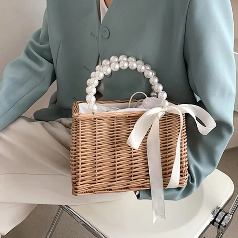 VALICLUD Rattan Bag Straw Purse Woven Rattan Purse Tote Straw Bag for Women Summer Beach