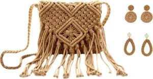 Van Caro Handwoven Cotton Straw Shoulder Bag Crochet Tassel Beach Bohemian Purse for Women