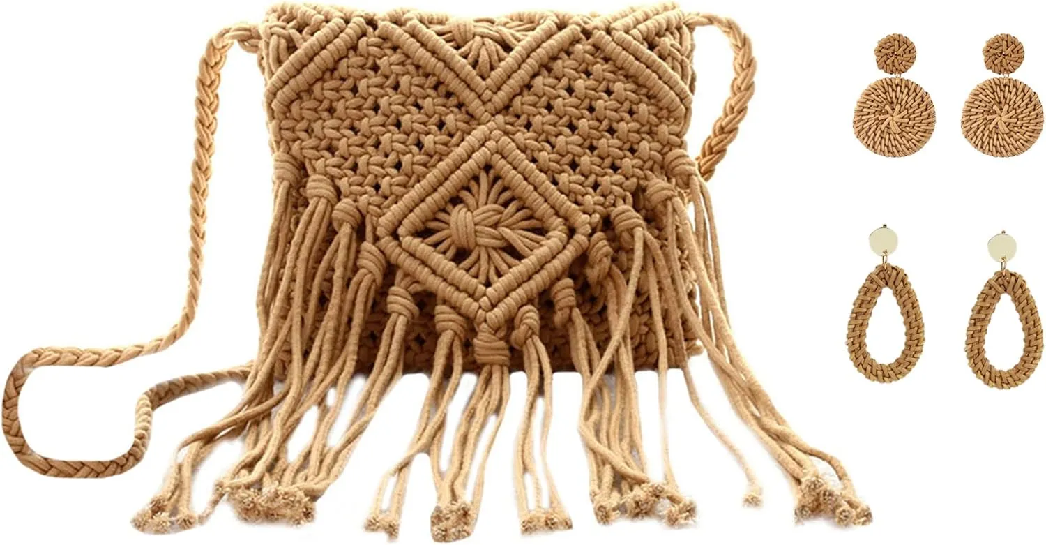 Van Caro Handwoven Cotton Straw Shoulder Bag Crochet Tassel Beach Bohemian Purse for Women