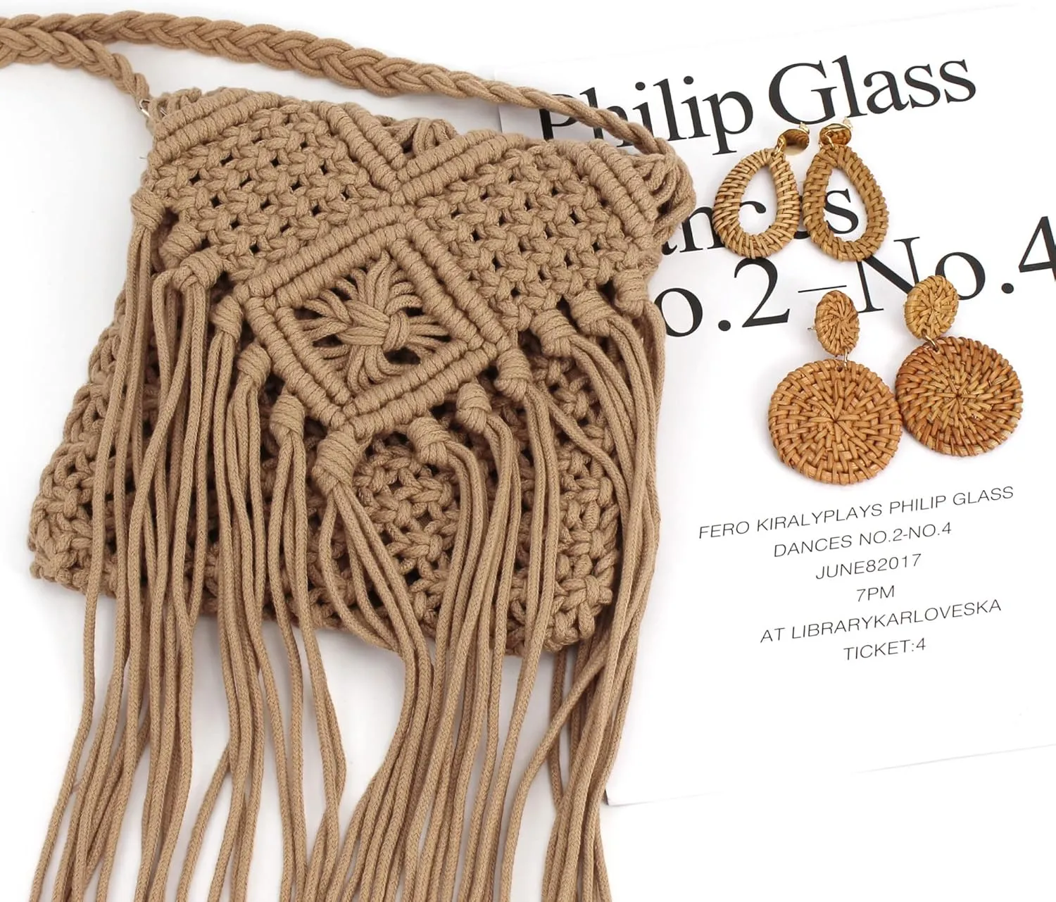 Van Caro Handwoven Cotton Straw Shoulder Bag Crochet Tassel Beach Bohemian Purse for Women