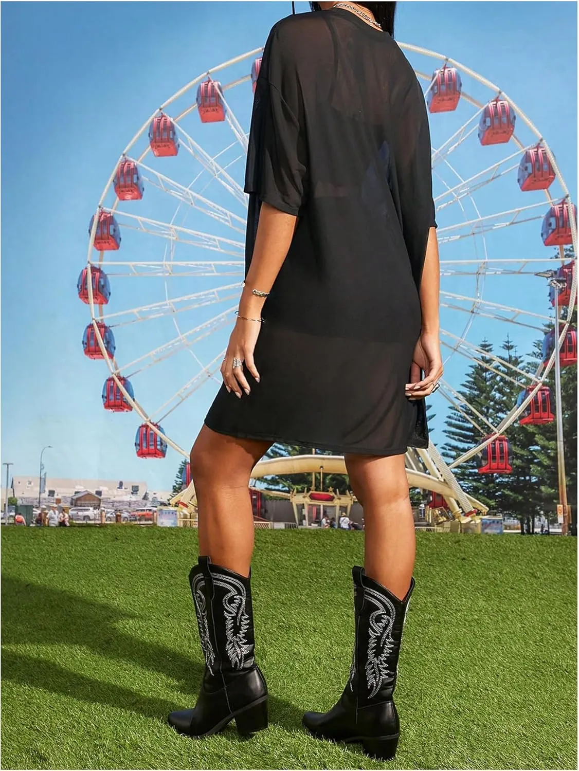 Verdusa Women's Sheer Mesh Dress Loose See Through Half Sleeve Beach Cover Up