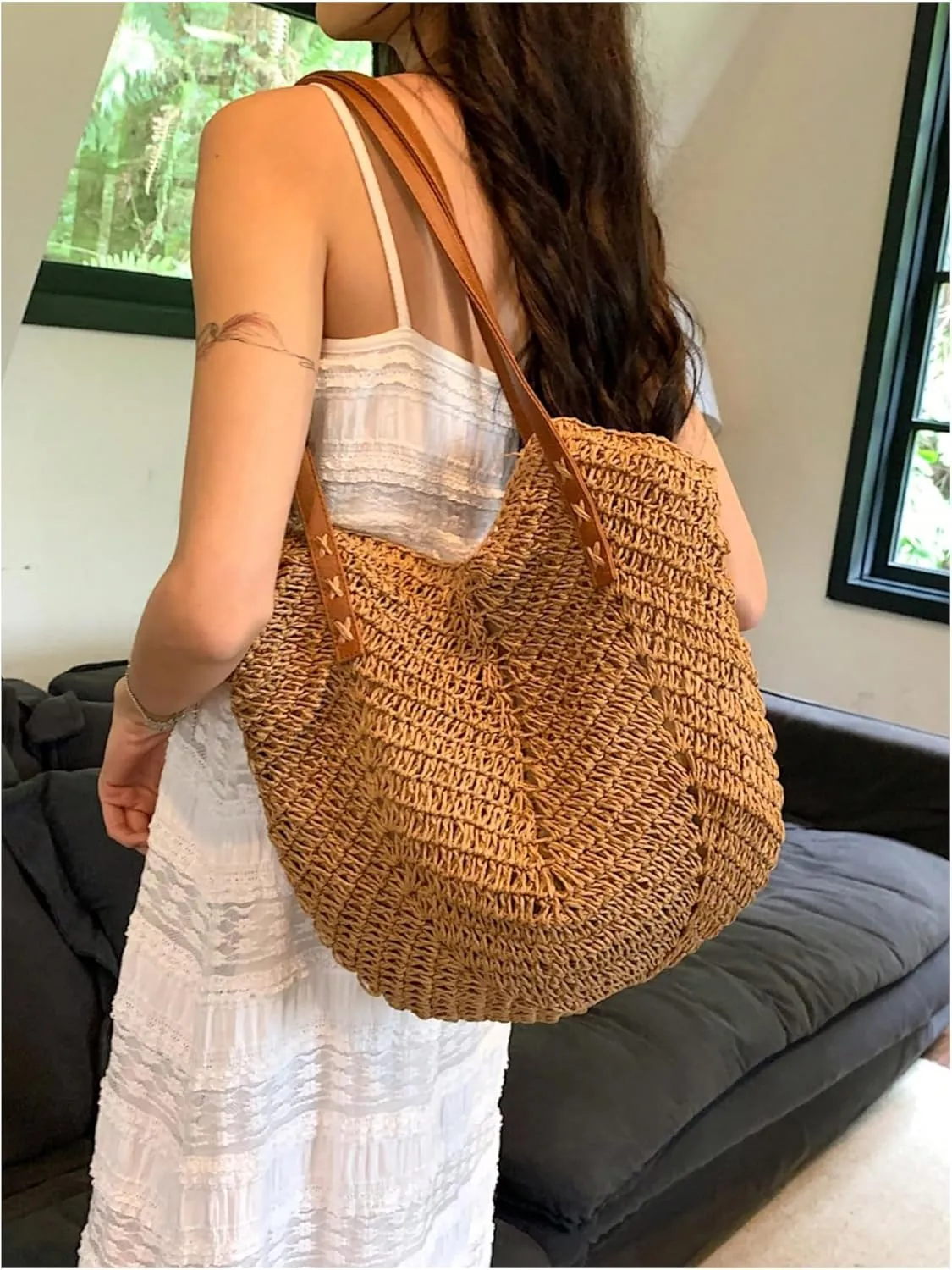 Verdusa Women's Vacation Straw Woven Tote Bag Double Handle Underarm Shoulder Bag