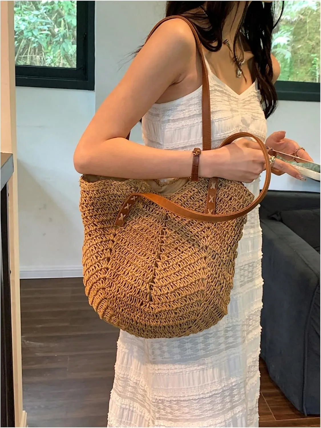 Verdusa Women's Vacation Straw Woven Tote Bag Double Handle Underarm Shoulder Bag