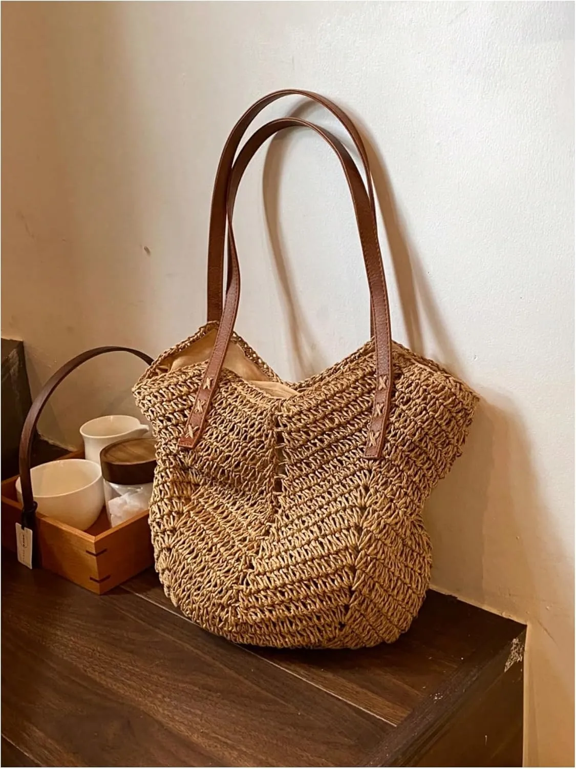 Verdusa Women's Vacation Straw Woven Tote Bag Double Handle Underarm Shoulder Bag