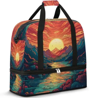 Vibrant Mountain Sunset Travel Duffel Bag, Travel Essentials, Gym Bag for Women, Weekender Overnight Bag With Shoes Compartment, Carry On Bags for Airplanes