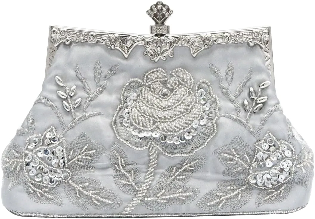 Vintage 1920s Beaded Evening Bag Pearl Clutch Bag for Women Sequin Handbag Bridal Wedding Purse Floral Shoulder Bag